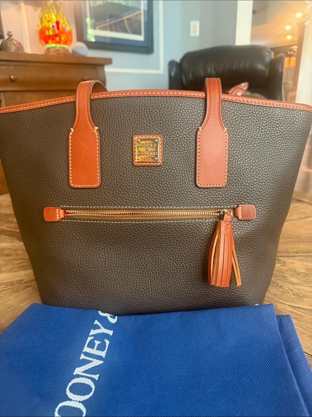 Dooney & Bourke Dark Brown Pebbled Leather Tote with Chestnut Trim